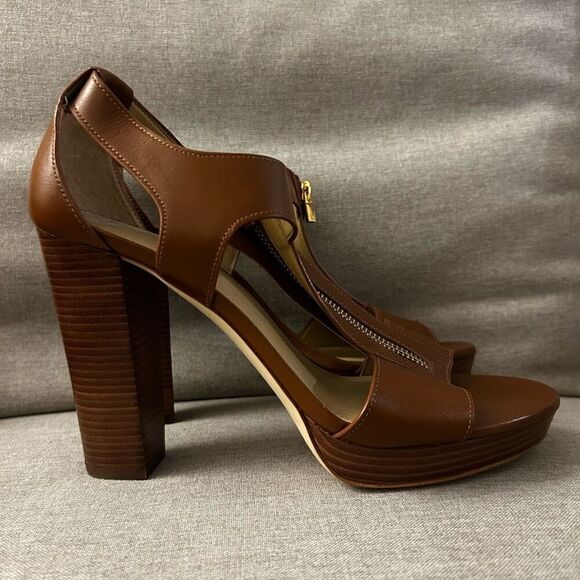 Michael Kors Berkley Mid Sandals Luggage Brown Size 10 M Stacked Heel Zipper - Picture 4 of 8